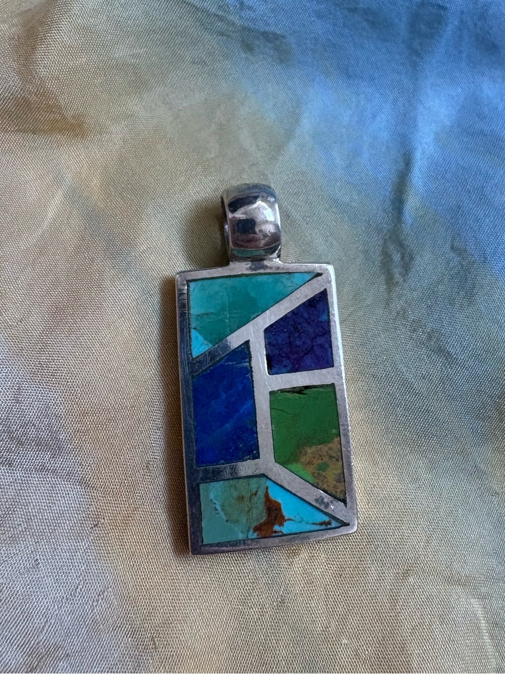 925 Sterling Silver Rectangle Pendant Turquoise Inlay Blue Green Multicolor